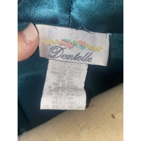 Vintage Dentelle Green Satin Full Length Robe Tie Waist Silky Bath Medium - Picture 9 of 9